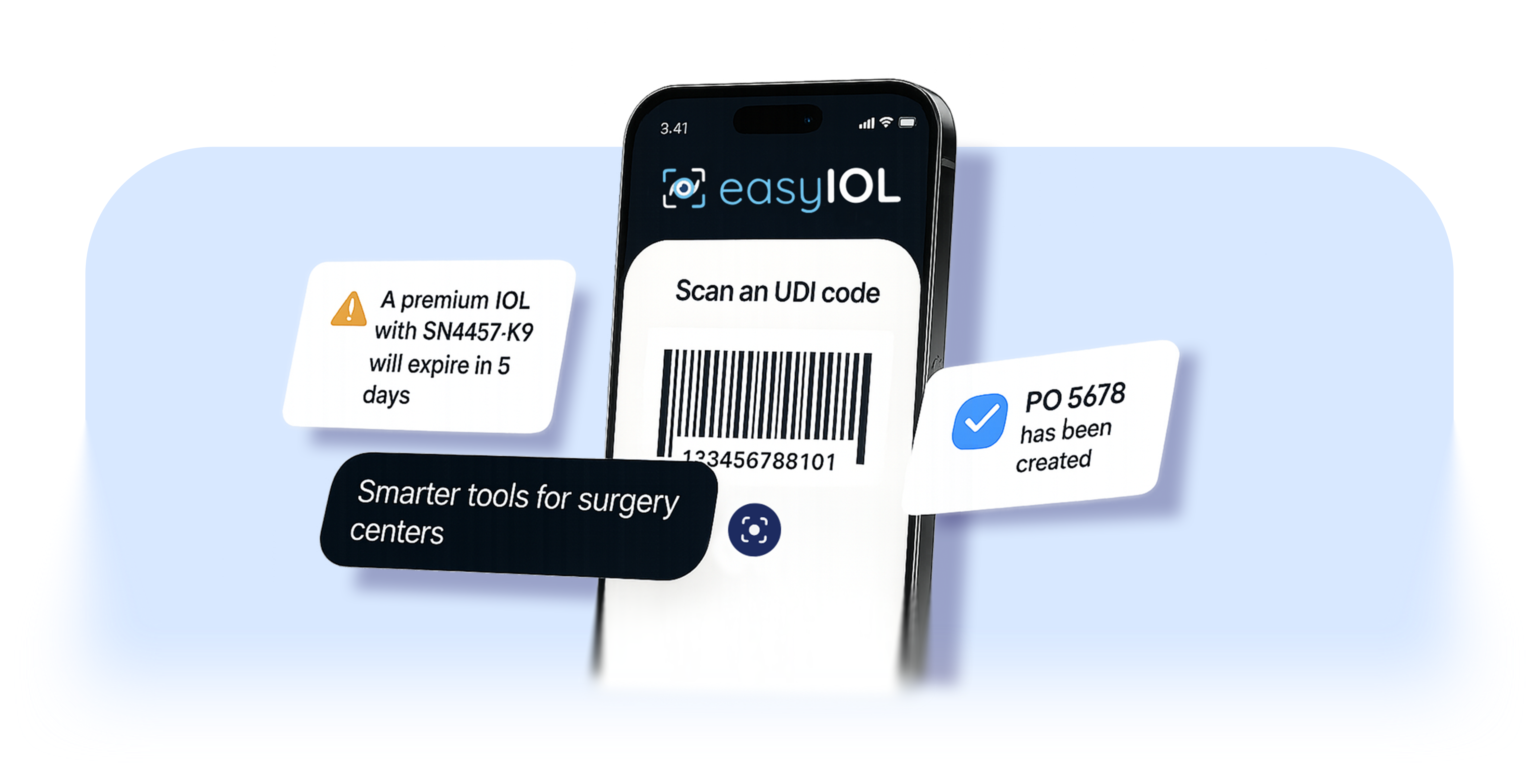 EasyIOL mobile app showing AI scanner interface with UDI code scanning, floating notifications about IOL expiry warnings, purchase order creation, and smart tools for surgery centers